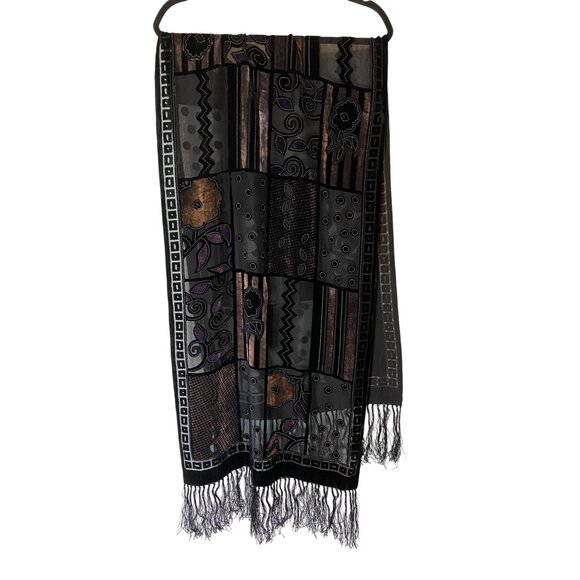 Patchwork Black Fringe Scarf  Geometric & Floral Design Viscose & Silk Blend - Picture 1 of 6